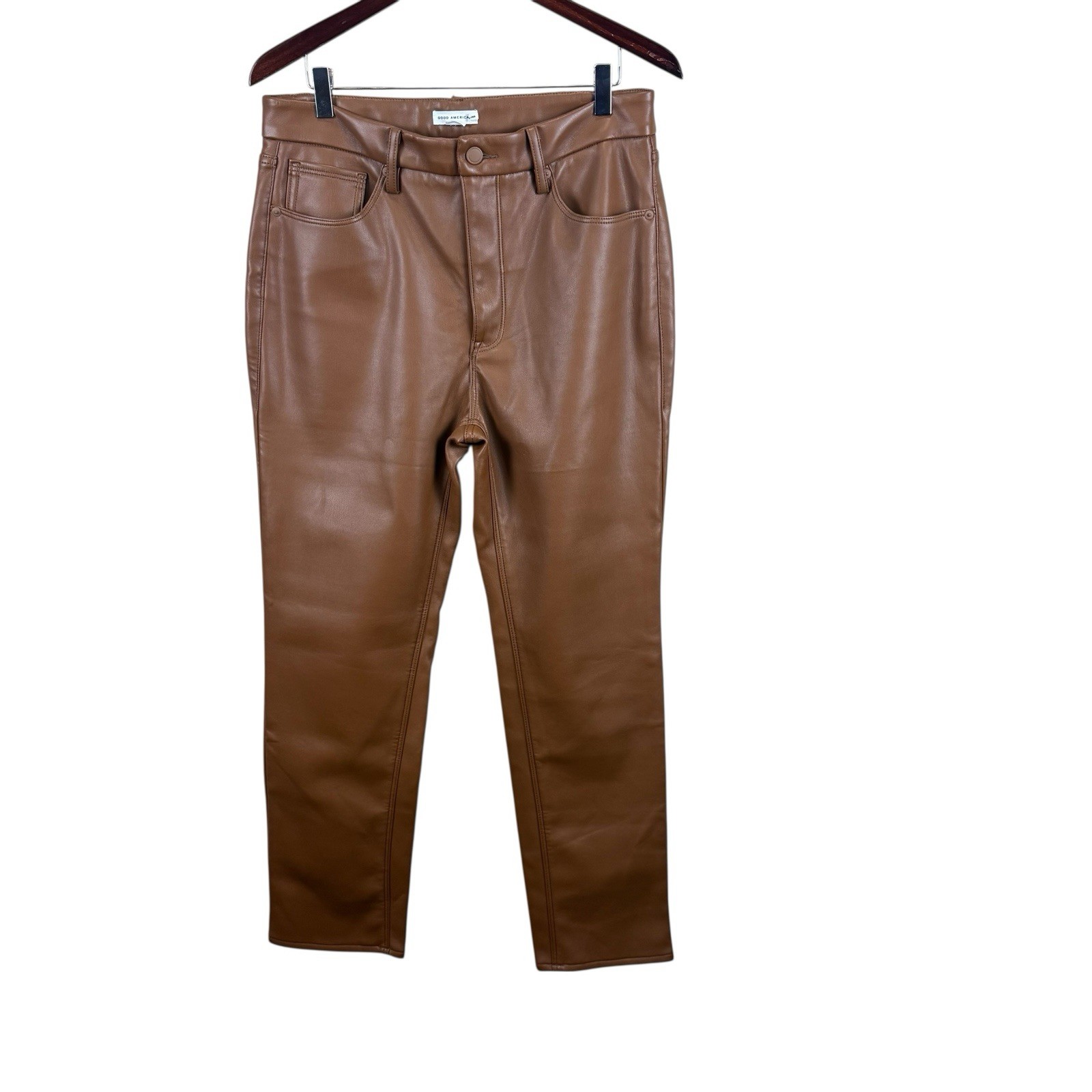 Good American Good Classic Faux Leather Straight Leg Pants Burnt Caramel Sz 14