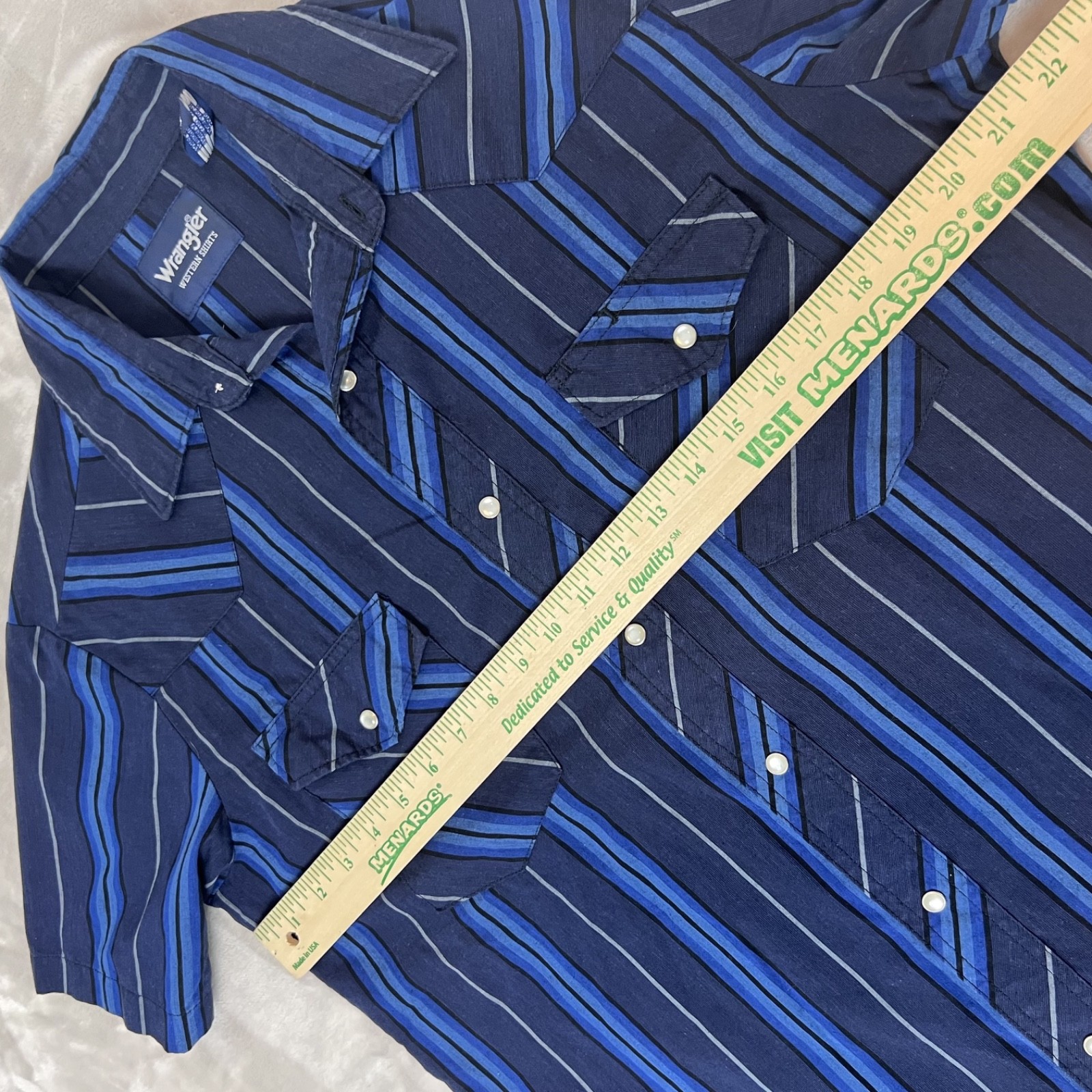 Vintage Wrangler Shirt Mens Medium Blue Striped Pearl Snap Cowboy Western Rodeo