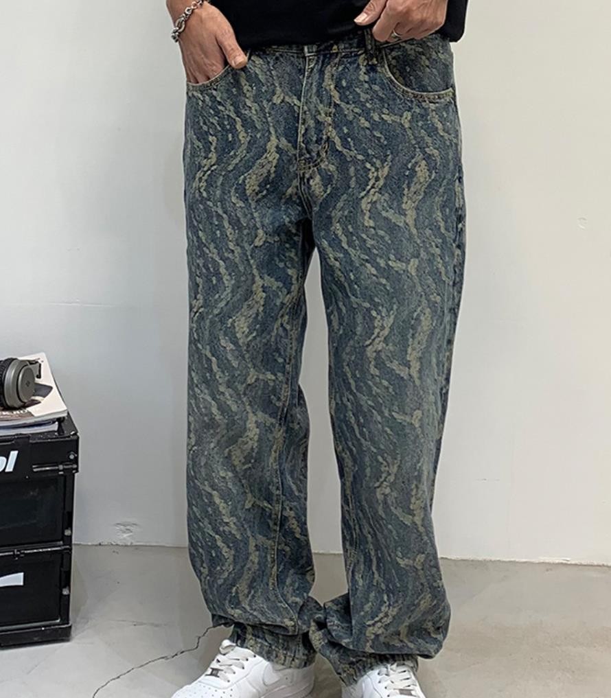 Men’s Blue Denim Jeans Straight Leg Casual Punk Hip Hop Pants Pockets Trousers