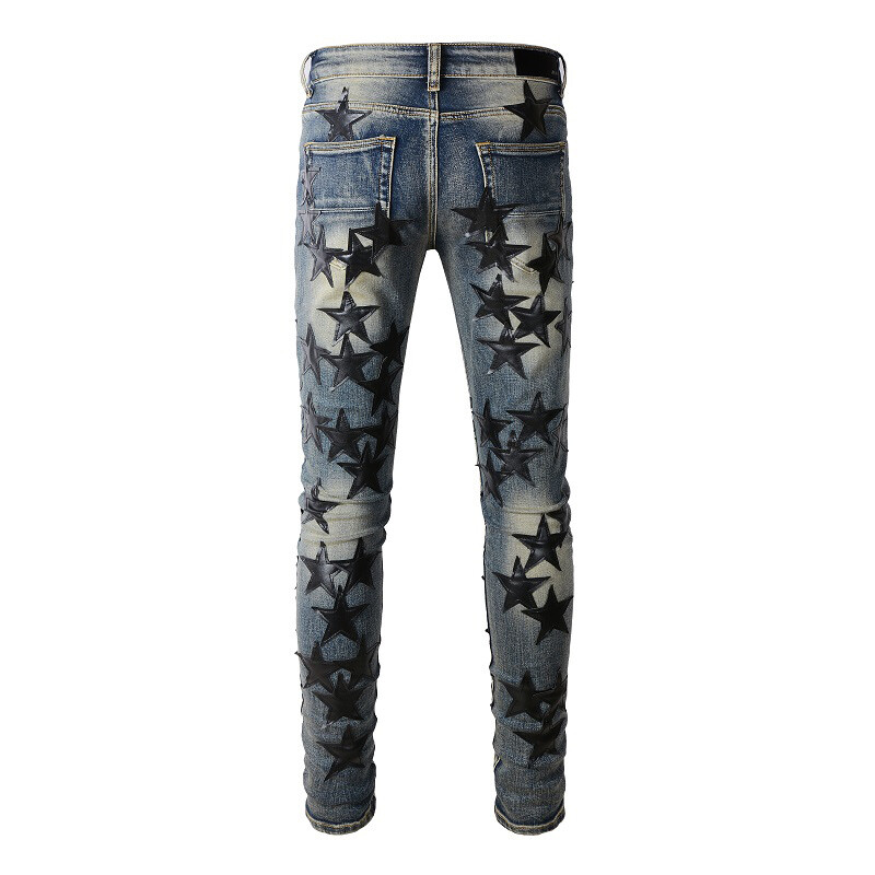 Men’s Ripped STAR PU Patchwork Grunge Skinny fit stretch Denim Washed jeans