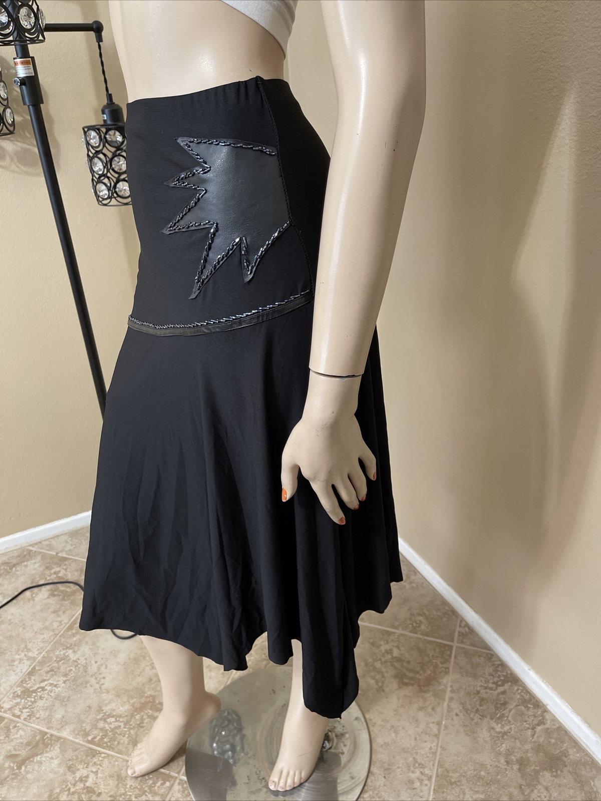Women’s Black Polyester Casual Stretch Slim Bead Leather Patches Size S/M Skirt