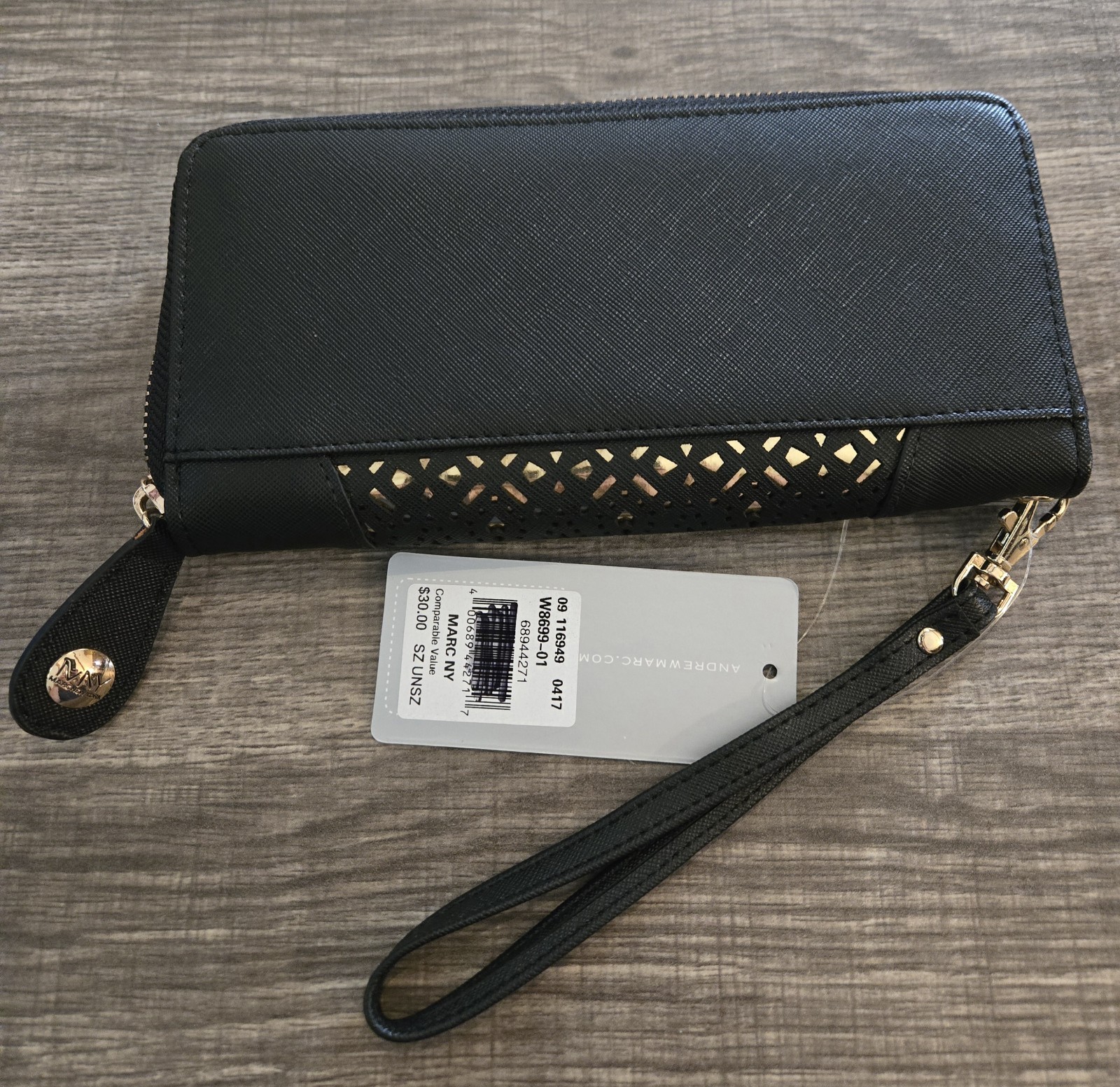 Marc New York Black/Gold Zip-Around Wristlet Wallet 7.75 x 4
