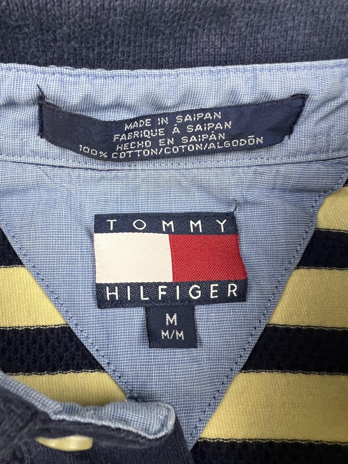 Tommy Hilfiger Polo Shirt Mens Medium Navy Yellow Striped Flag Logo Cotton