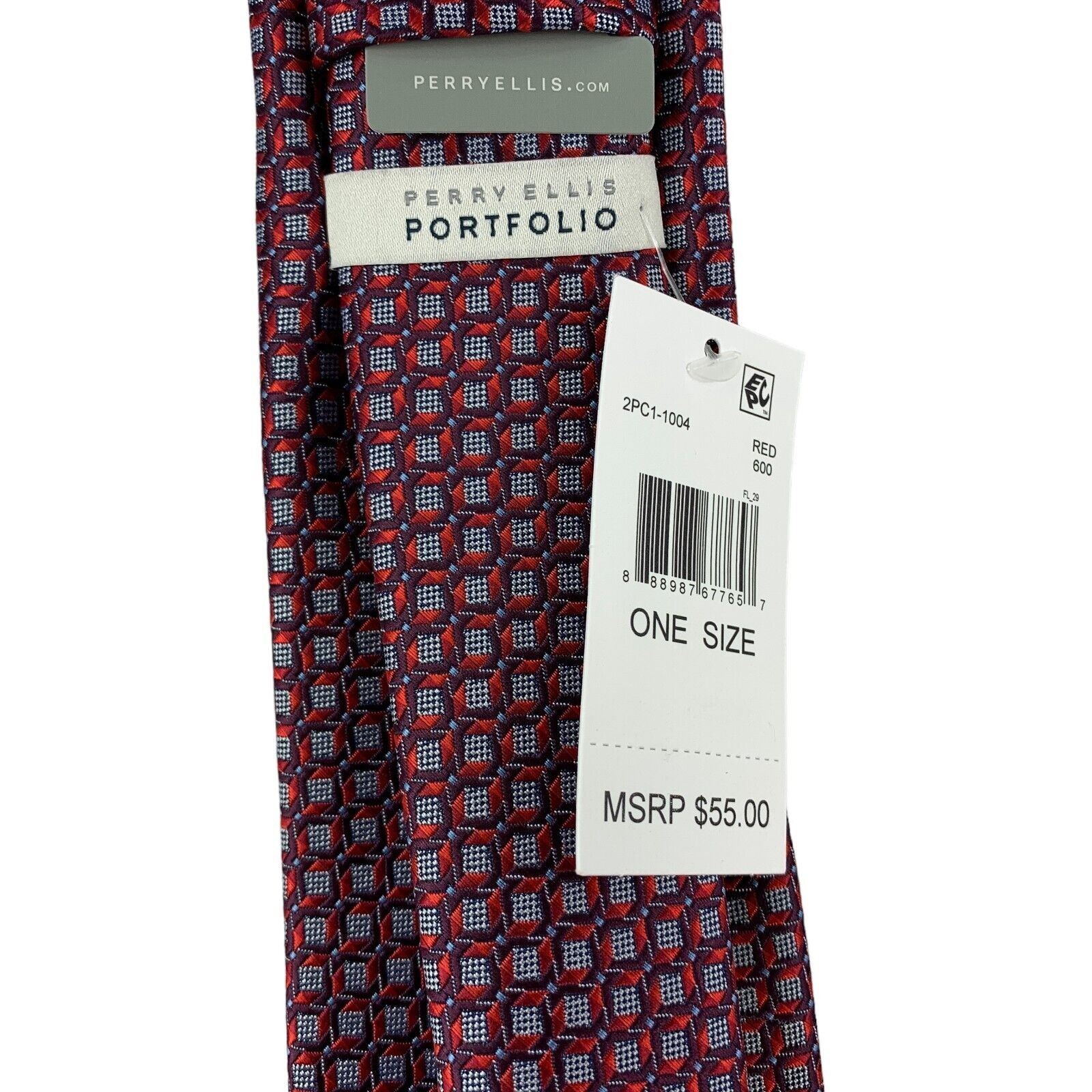 Perry Ellis Mens Cavert Geo Print Neck Tie Red Gray 3 1/8″