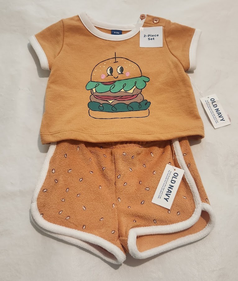NWT Old Navy Hamburger Graphic Top Shorts Outfit Set 2PC Baby Boy Girl Unisex