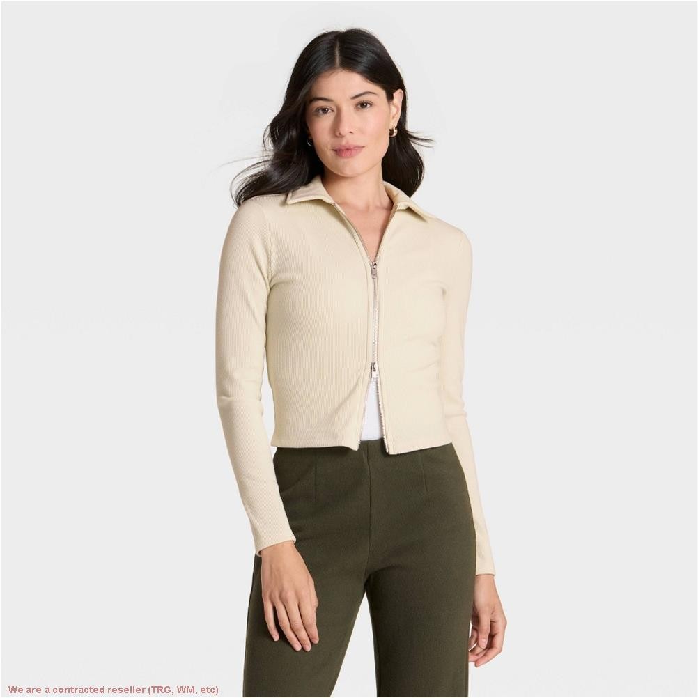 Women’s Brushed Ribbed Polo Zip-Up Jacket – A New Day Cream M *SEE DEAL!!!*