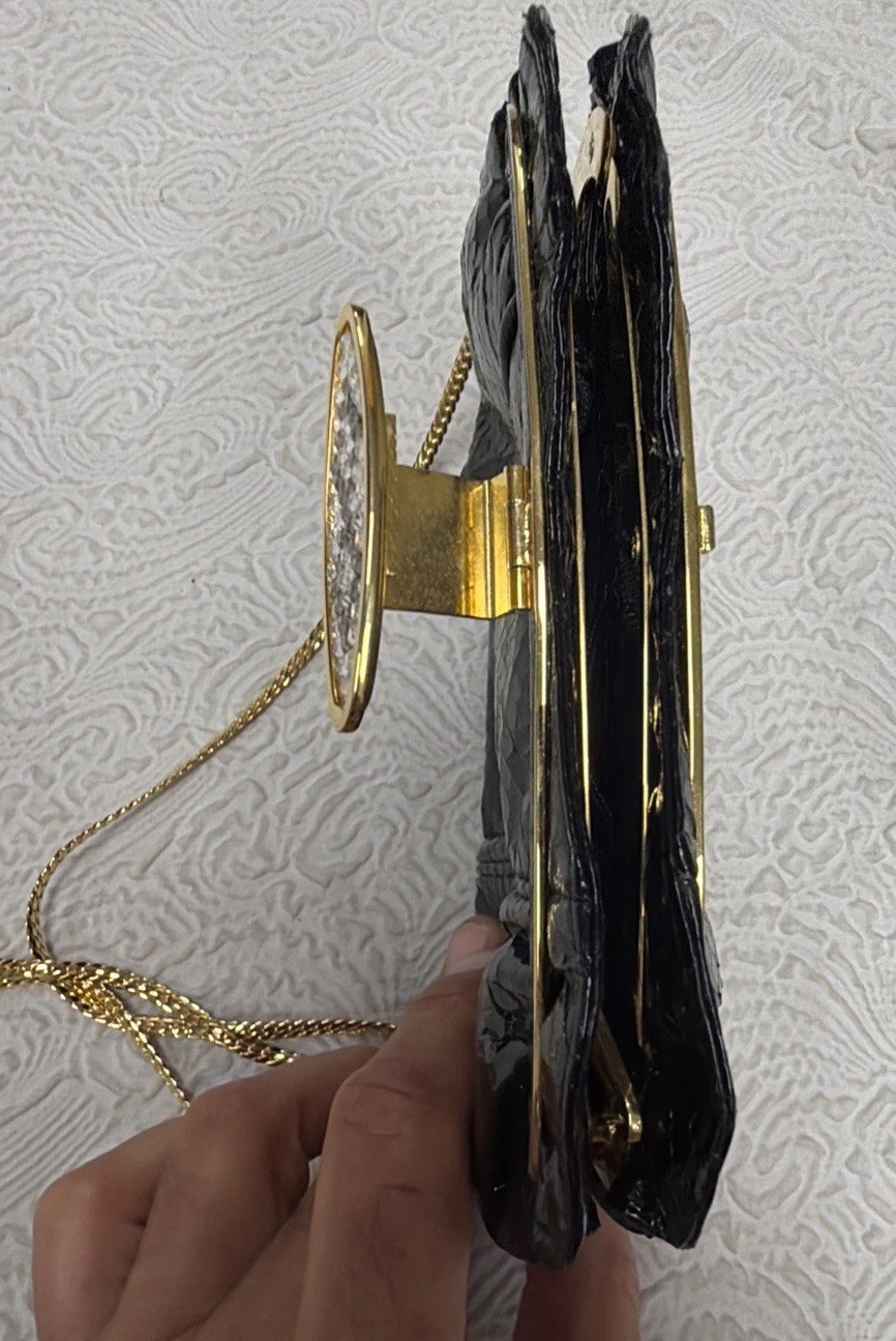 Vintage Embossed Glossy Black Snakeskin Clear Pavé-Set Crystals Jeweled Purse