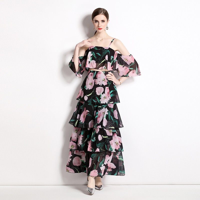 Women’s Boho Floral 2 Piece Set Off Shoulder Crop Top Tiered Maxi Skirt Vacation