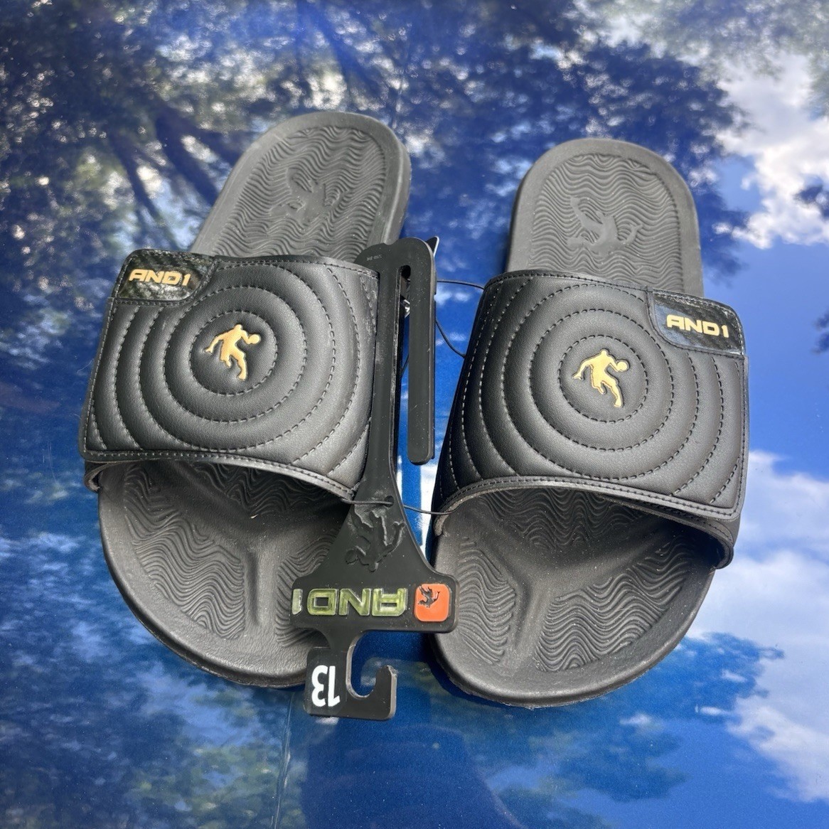 New AND1 Men’s Black Slide Sandals Rubber Upper Slip-On Logo Casual US 13