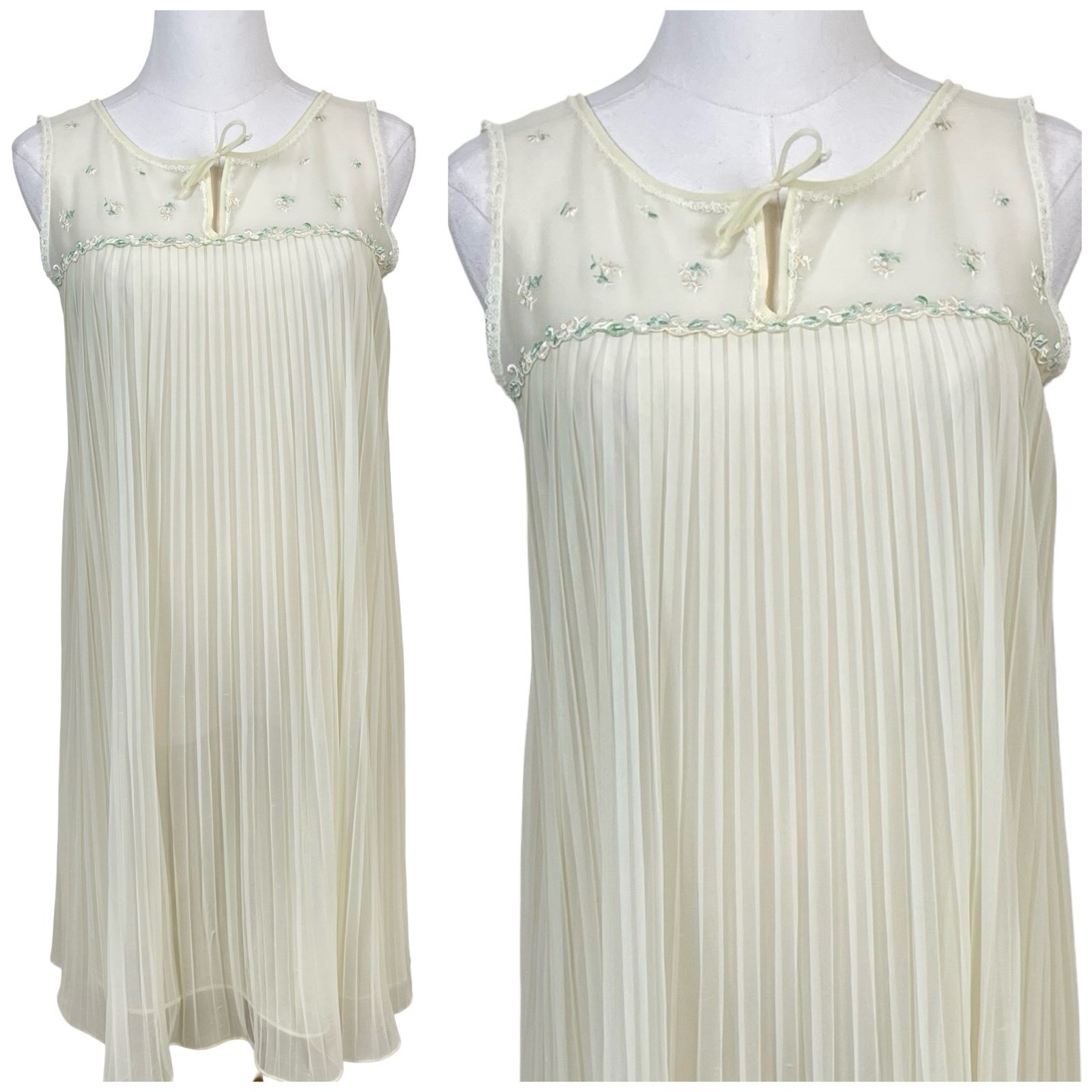 Vintage Kaiser Nightgown Women M Yellow Pleated Embroidered Chiffon Babydoll 70s