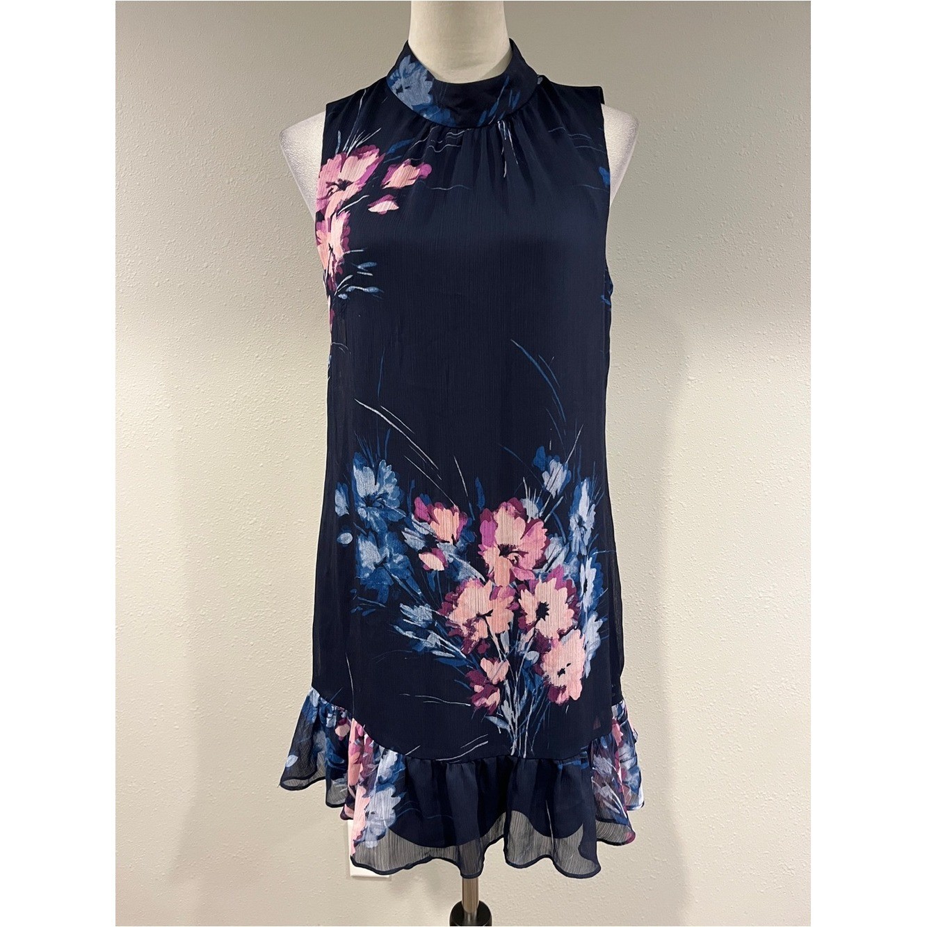 DNKY Navy Floral Sleeveless Ruffle-Hem a-line mini Dress size 6