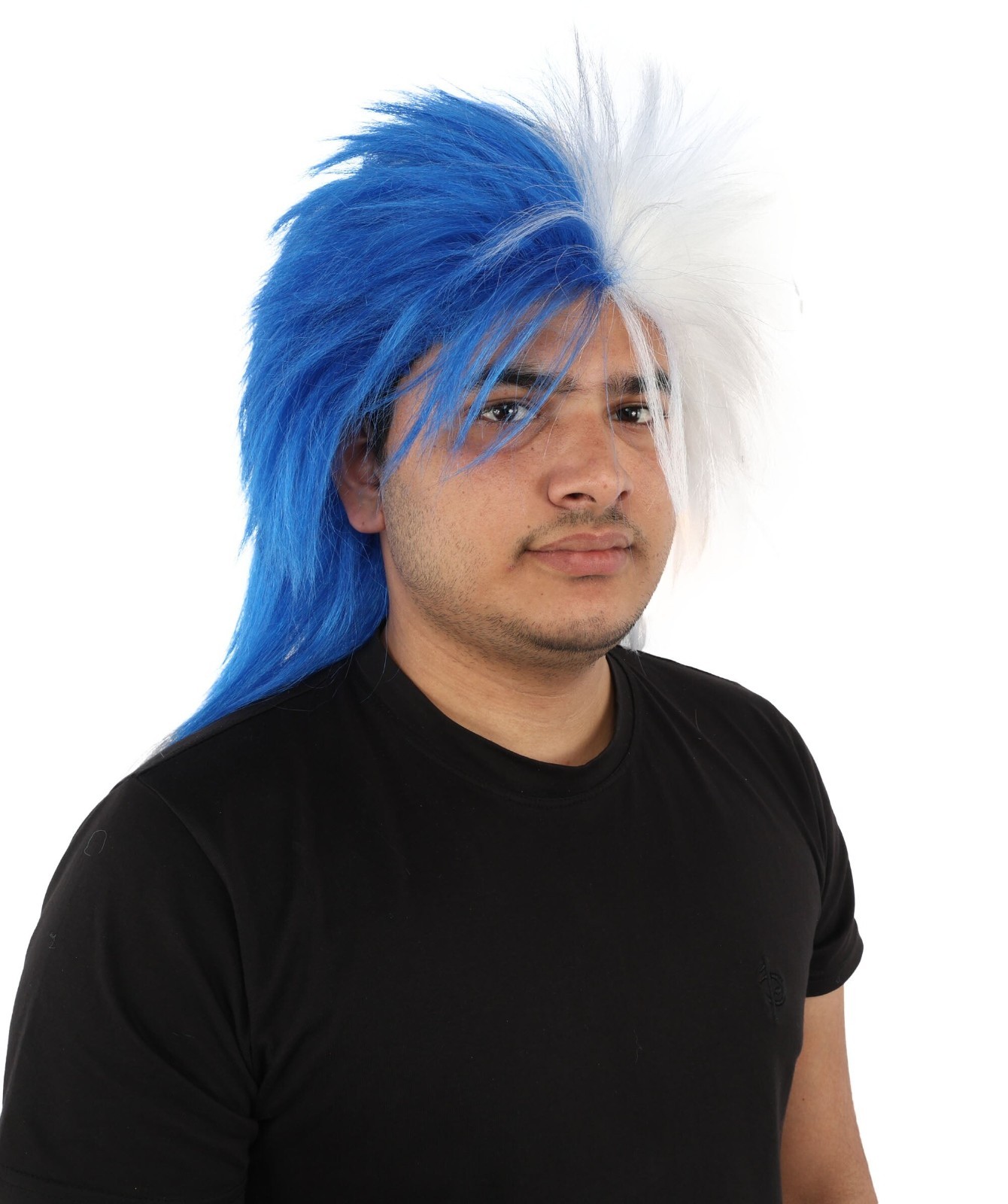 Two Tone Spirit Wig, Blue & White Messy Mullet Flame-retardant Synthetic Fiber