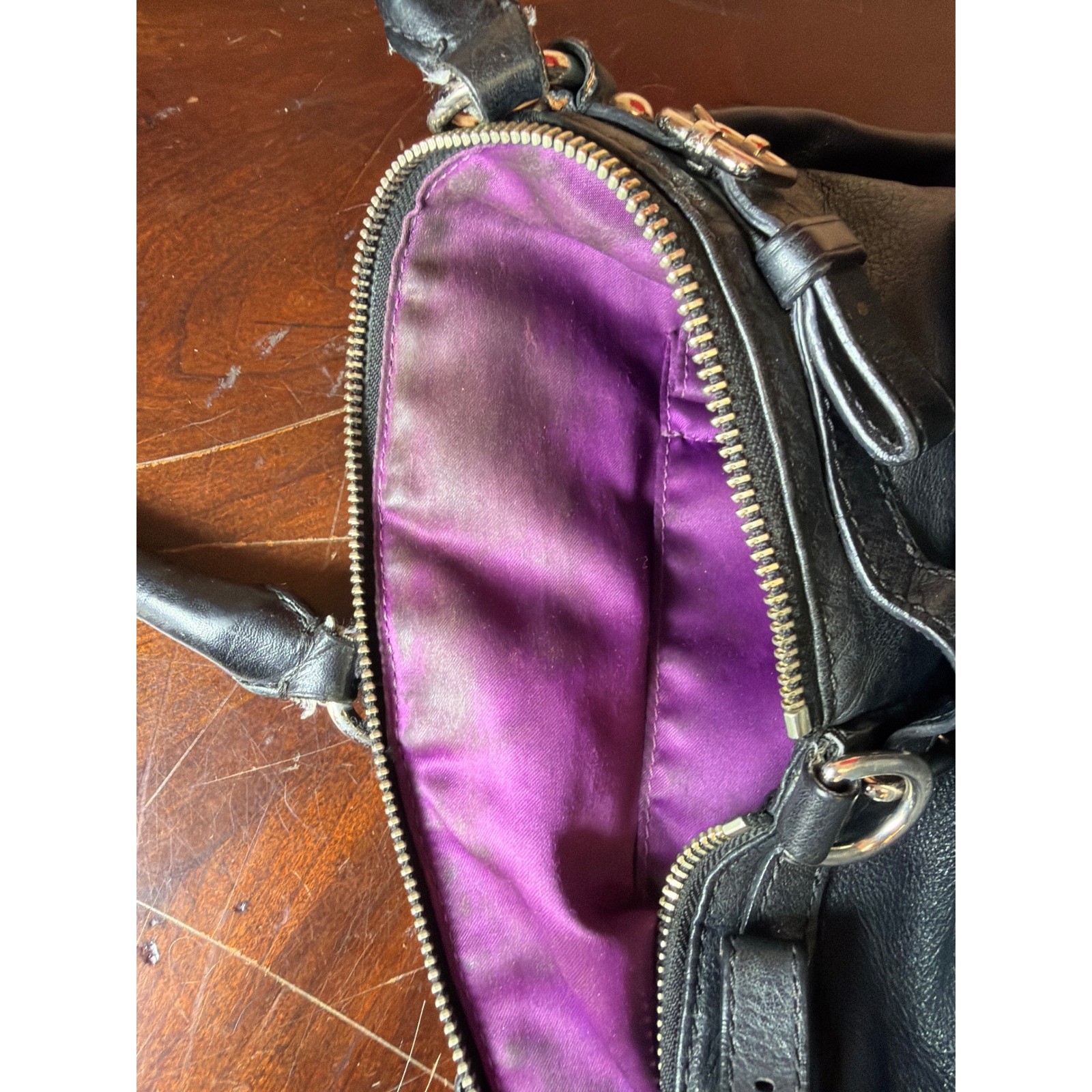 Coach Madison Black Leather Satchel Purple Lining Handbag 18641