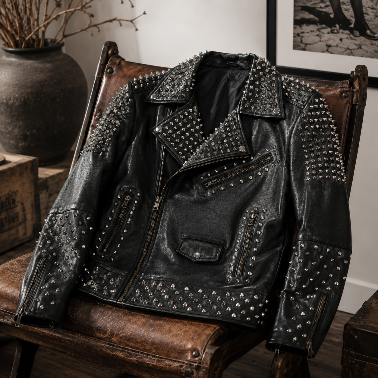 Black Leather Studded Spiked Punk Biker Moto Jacket Gothic Rock Unisex