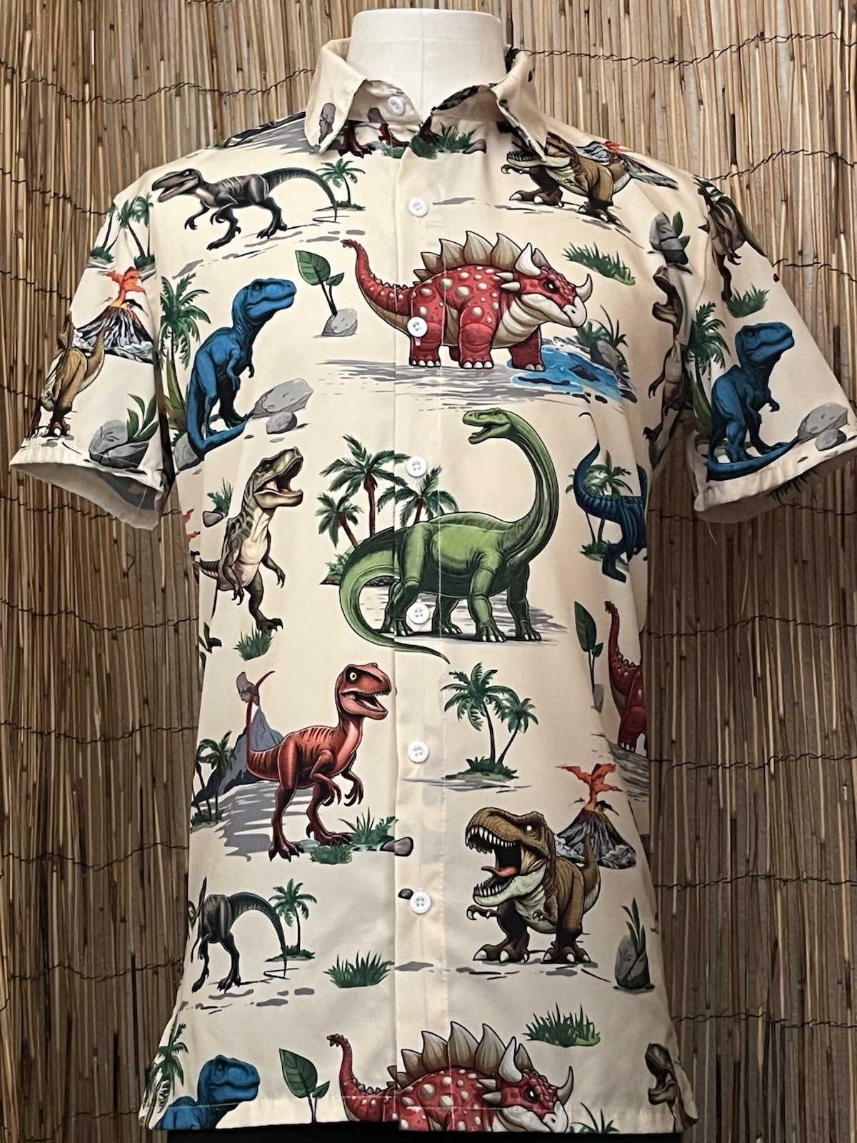 Mens SS Button Up Dinosaur Shirt-Size Small-Poly Spandex Blend