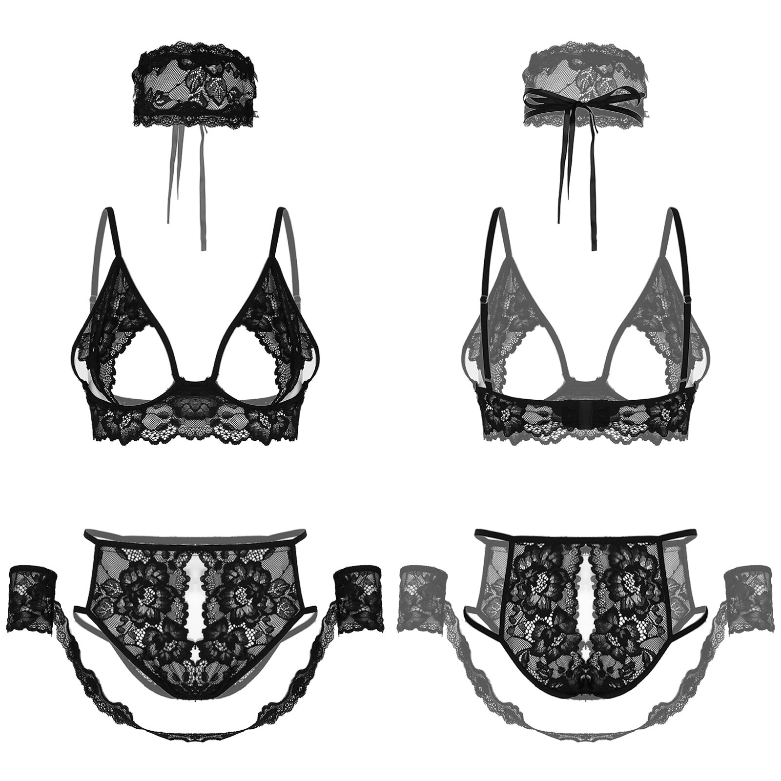 Womens Floral Lace Lingerie Cut Out Bra Panties Set Underwear with Eye-Mask Sexy