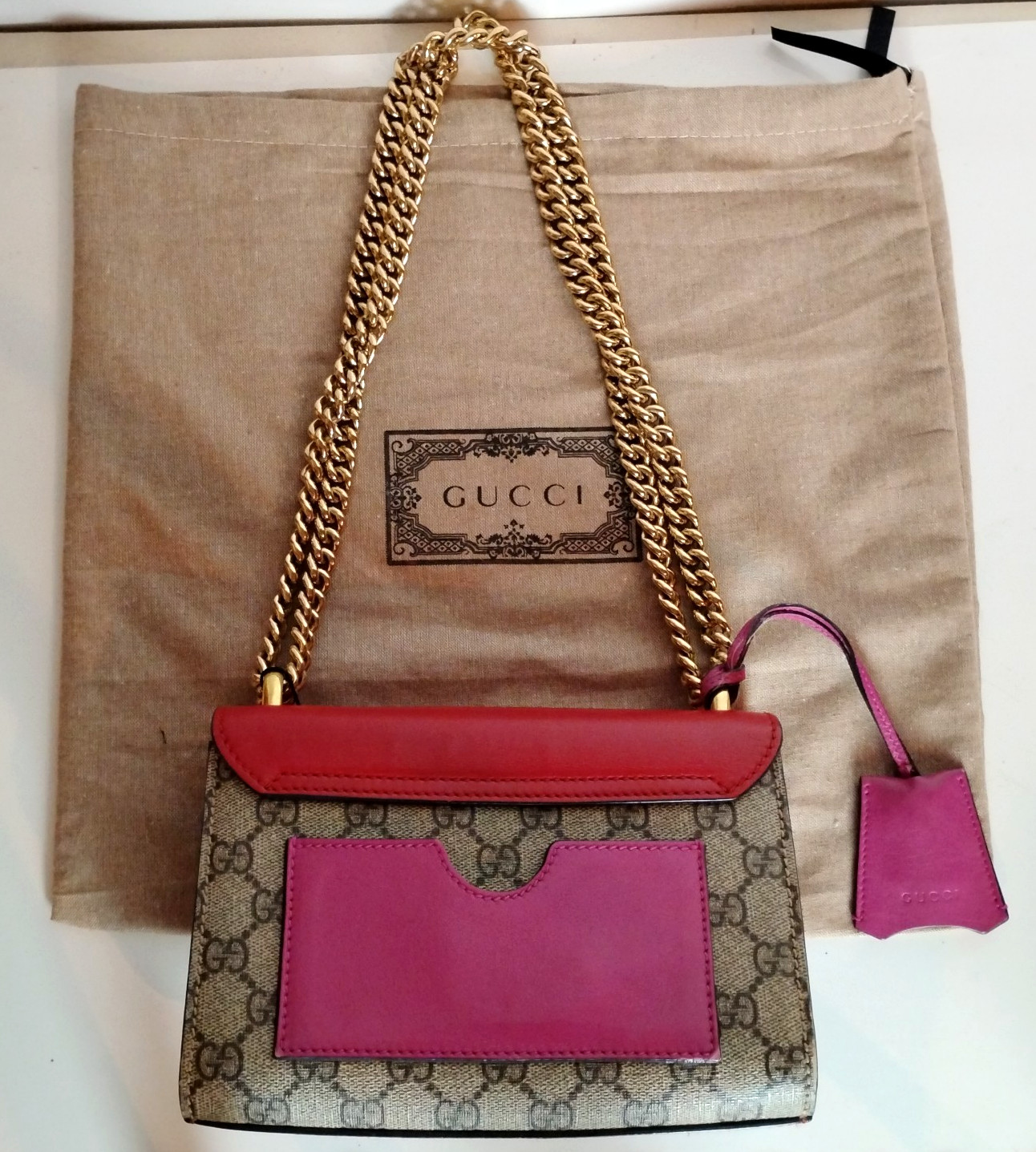 Gucci Padlock GG Supreme Small Shoulder Bag Canvas Red Leather Chain 409487 COA