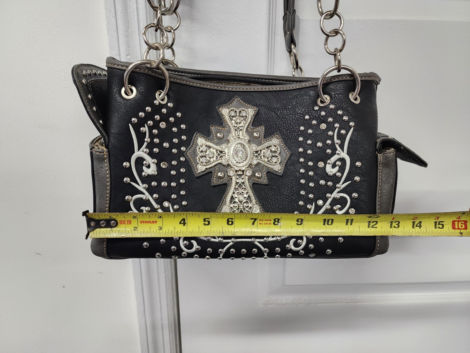 Vintage Y2K Rhinestone Cross Western Gothic Black Leather Handbag Purse