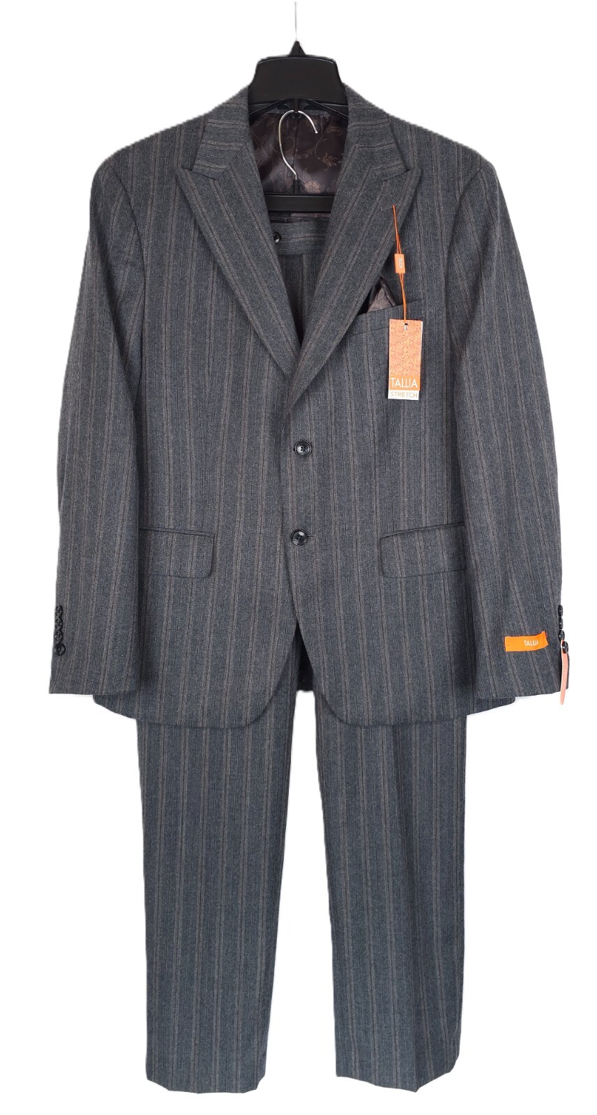 Tallia Mens Slim Fit 2 Piece Wool Suit 40S 30×32 Charcoal Brown Pinstripe NWT