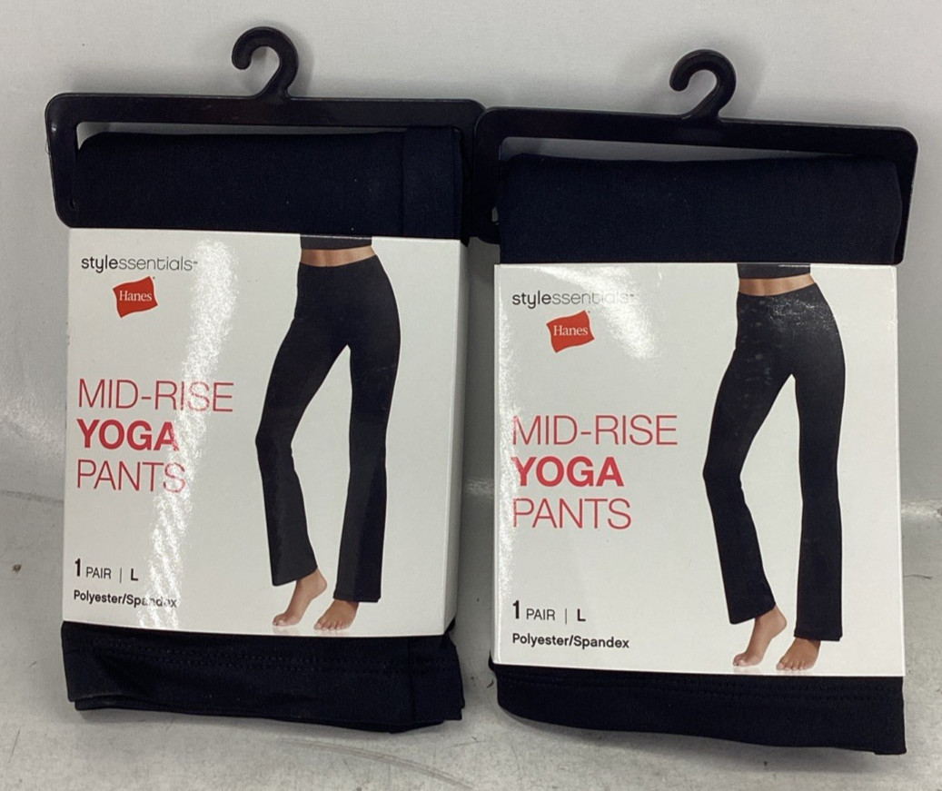 2x HANES 441985 Mid-Rise Yoga Pants Polyester Spandex Women’s Large Black