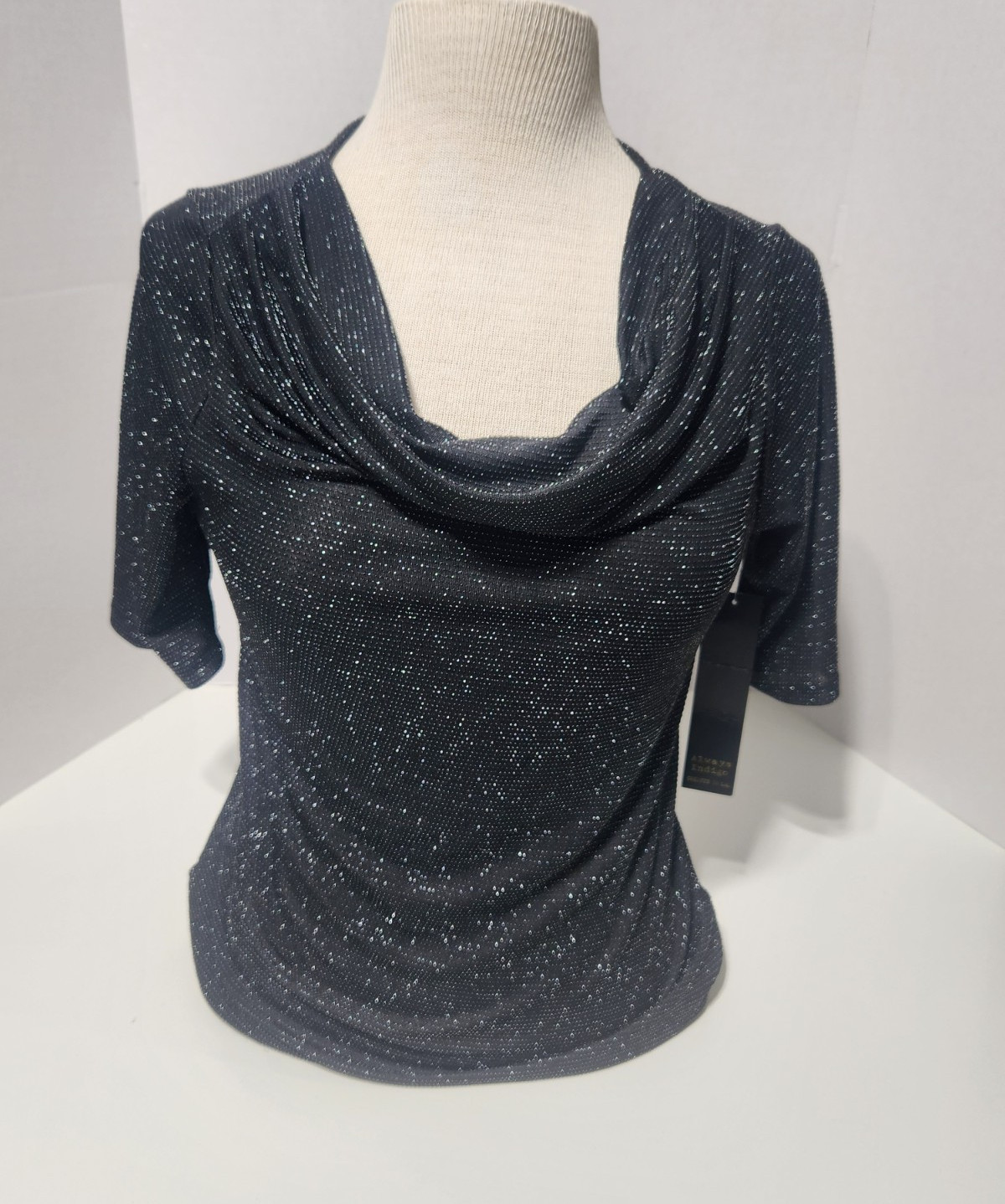 Always Indigo Black Silver Glitter Jersey Cowl Neck Short Sleeve Blouse Top M