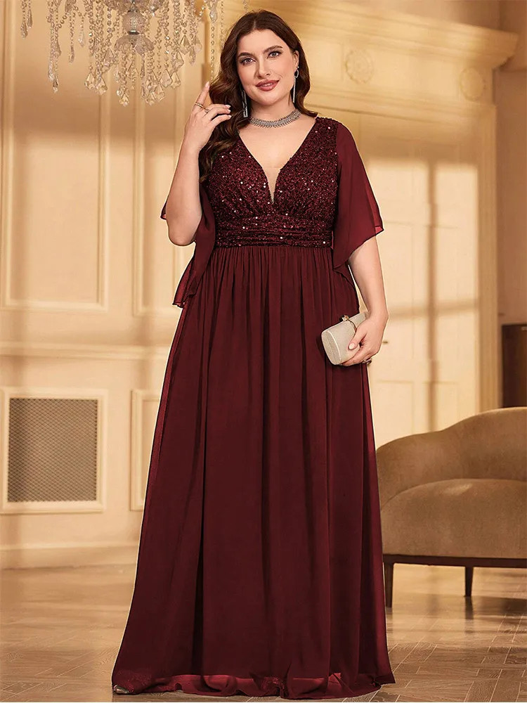 Luxury Plus Size Chiffon V-Neck Sequined Evening Dresses Big Size Floor-Length
