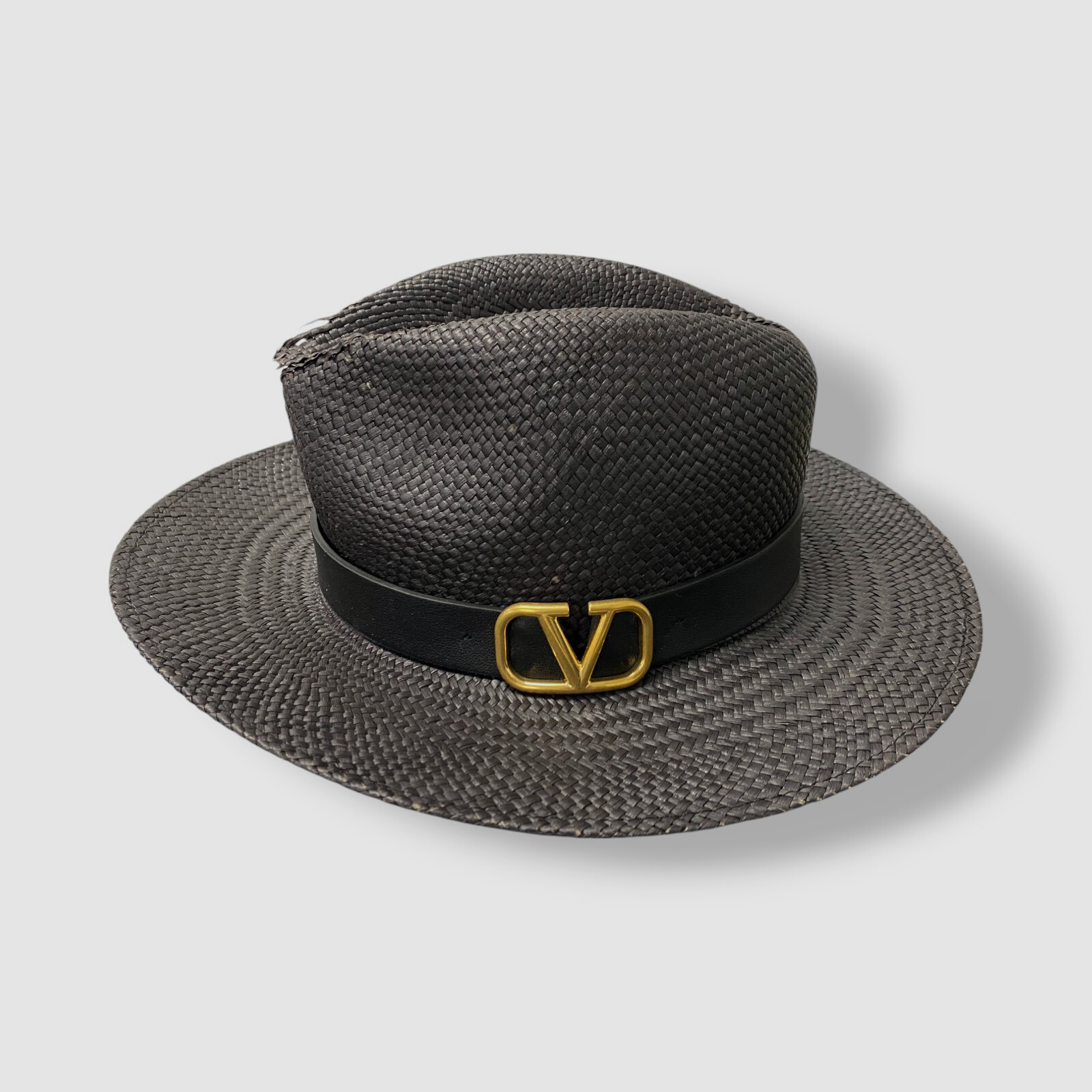 Valentino Women’s Black Straw Leather Band VLOGO Fedora Hat Size M
