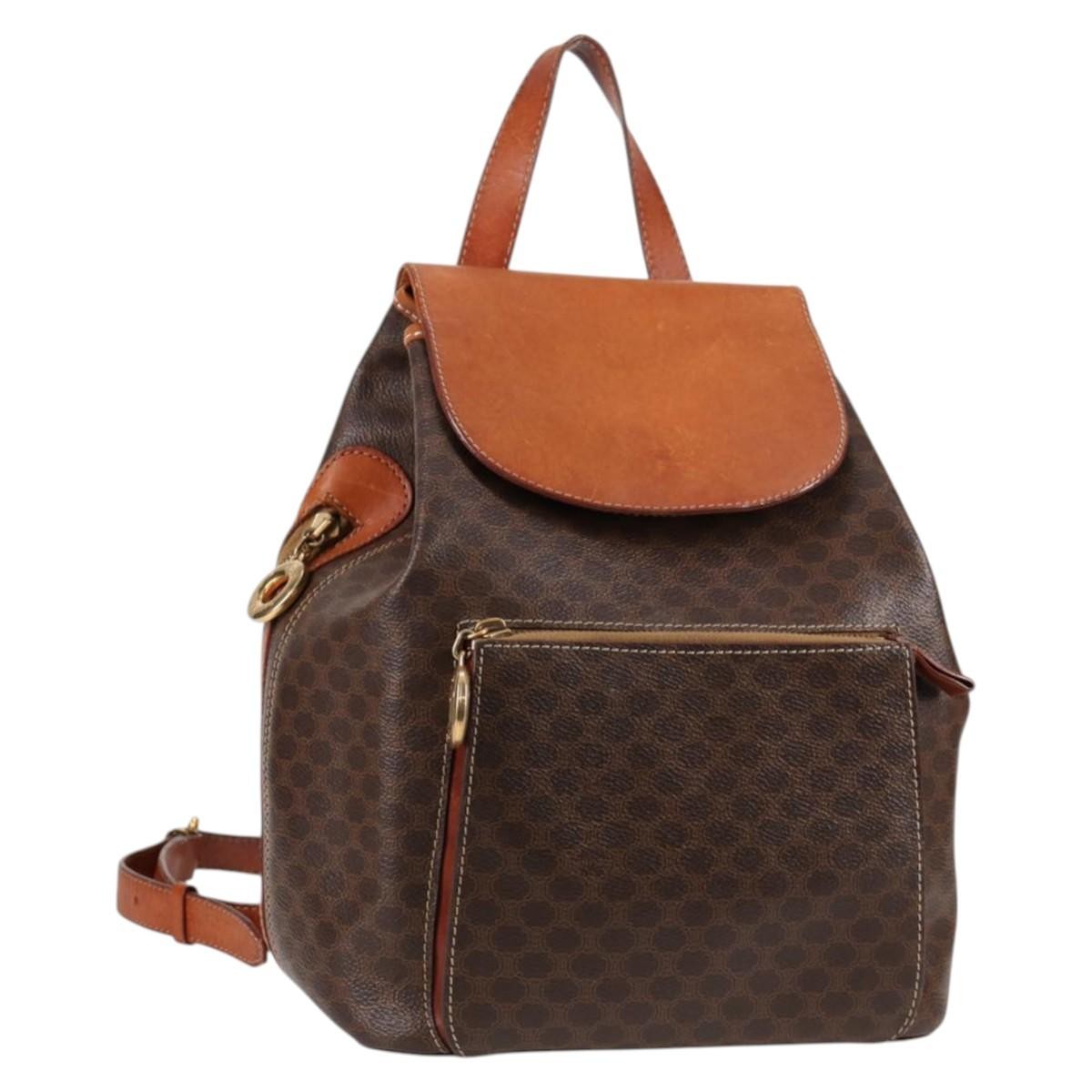 CELINE Macadam Canvas Backpack PVC Leather Brown Gold Auth 133049