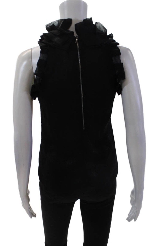 Robert Rodriguez Black Ruffle Neck Sleeveless Blouse Top Semi Sheer Size S Luxe