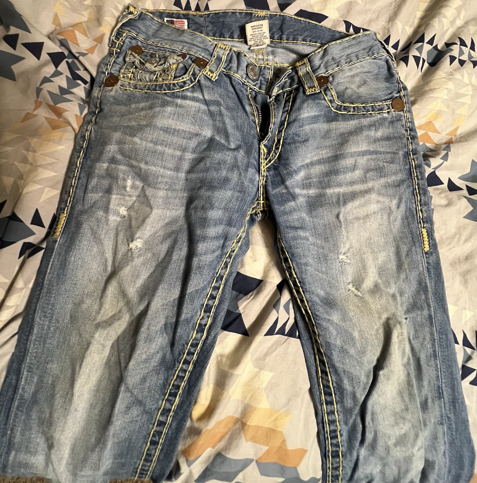 True Religion Ricky Super T Straight Leg Jeans Big Stitch Flap Pockets Size 32