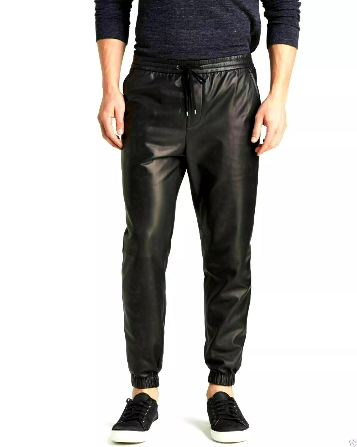 Men’s Black Leather Joggers Pants Gym Trouser Real Lambskin Size 28 to 40 – 004
