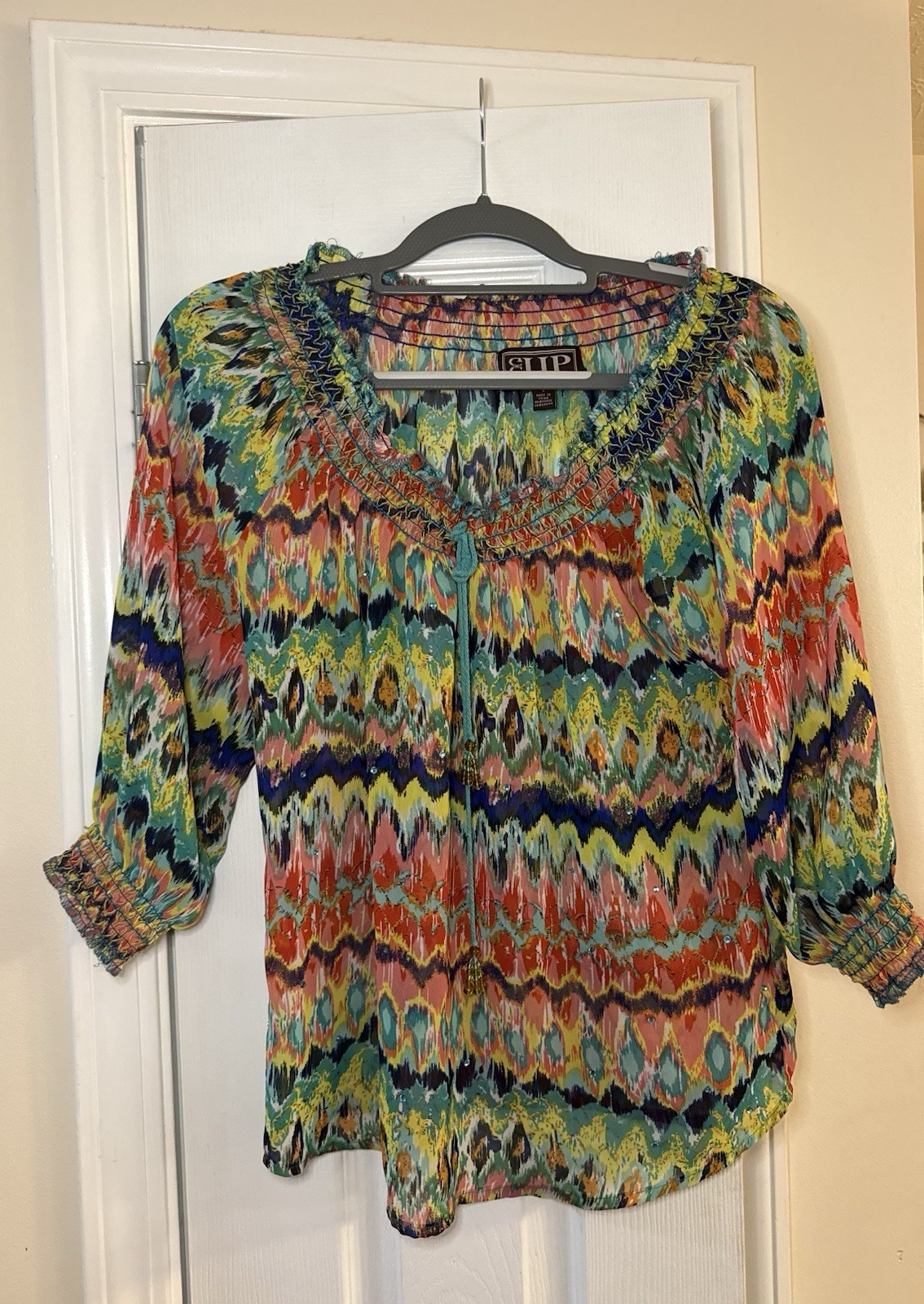 Cowgirl Up Colorful Boho Ikat Peasant Blouse Rhinestone Tie Front Size S