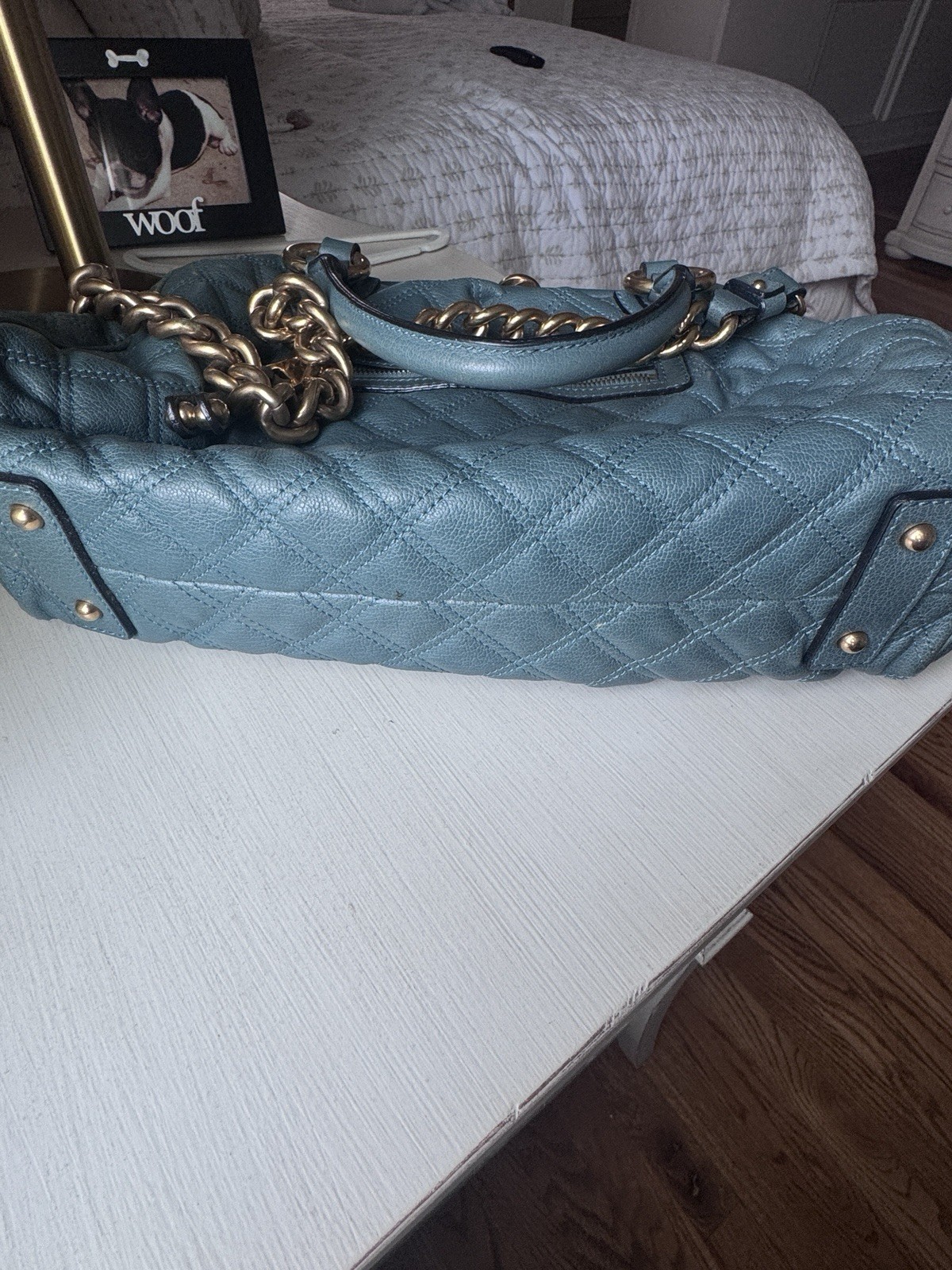 Marc Jacobs Large Blue/Green Quilted Leather Stam Bag with Gold Chain