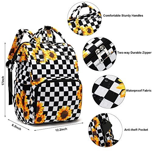 Laptop Backpack for Women, 15.6 inch College School Checkered Sunflower