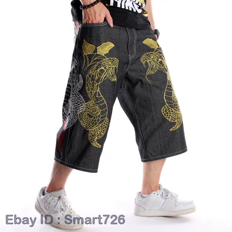Mens Jeans Shorts Denim Pants Hip-Hop Embroidery Snake Black W30-W46