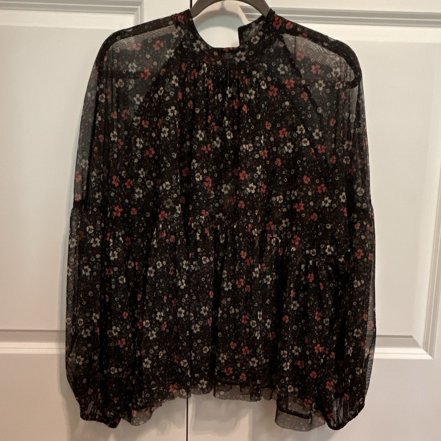 Free People Women’s Black Sheer Floral Chiffon Balloon Sleeve Blouse Size S