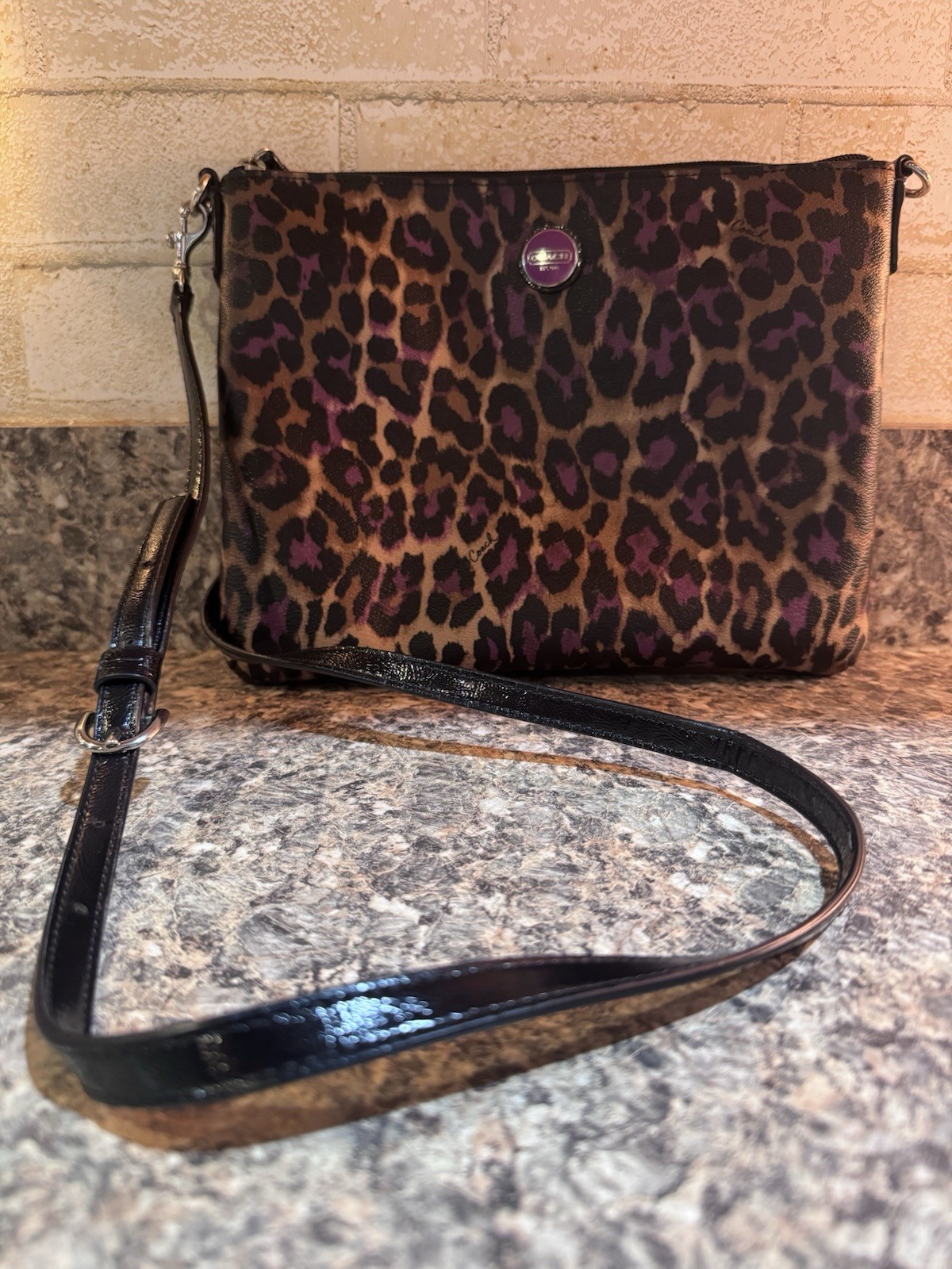 Leopard Print Women’s Crossbody Bag Brown/Black Zip Closure Adjustable Strap