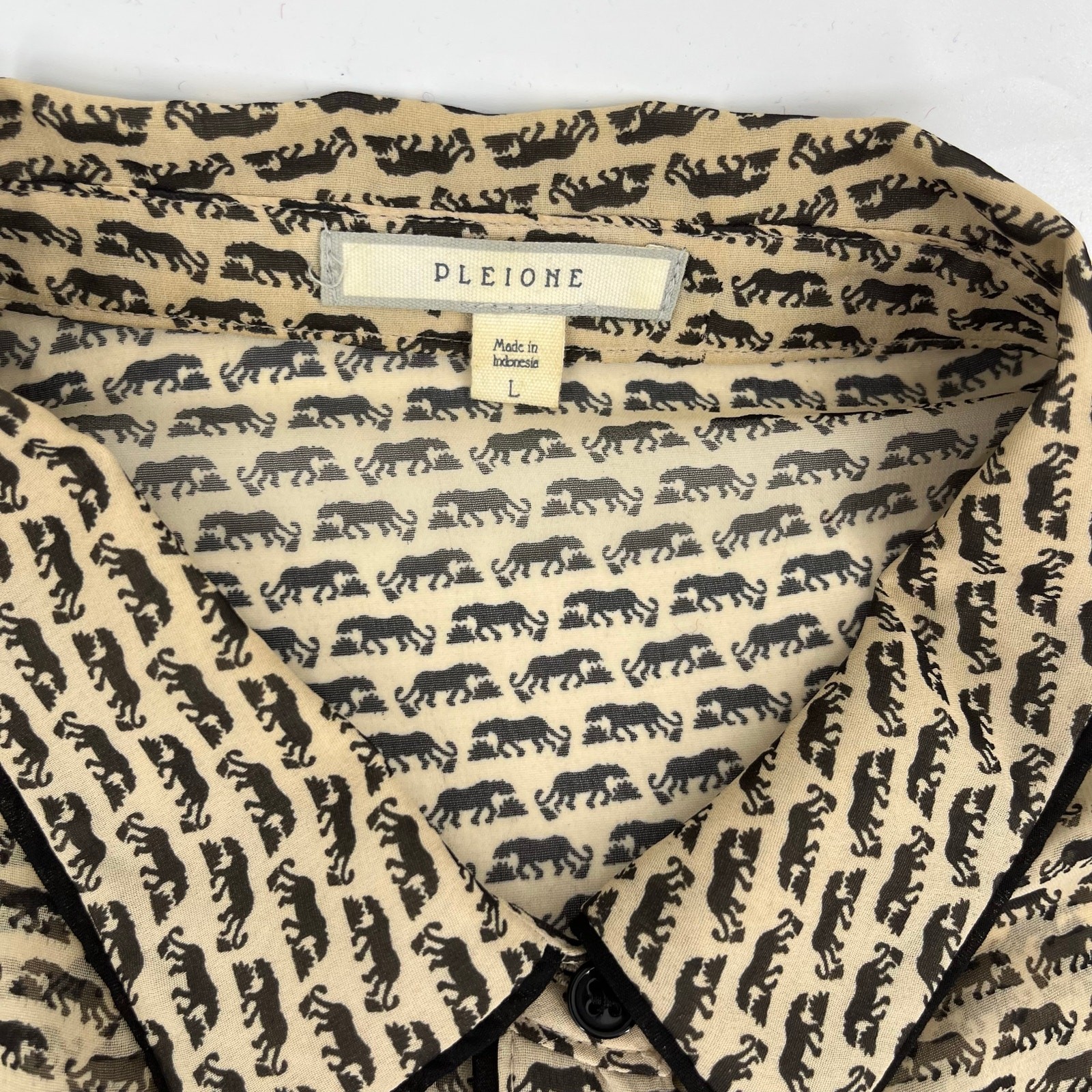 Pleione Beige Elephant Print Collared Button Front Sheer Chiffon Blouse Size L
