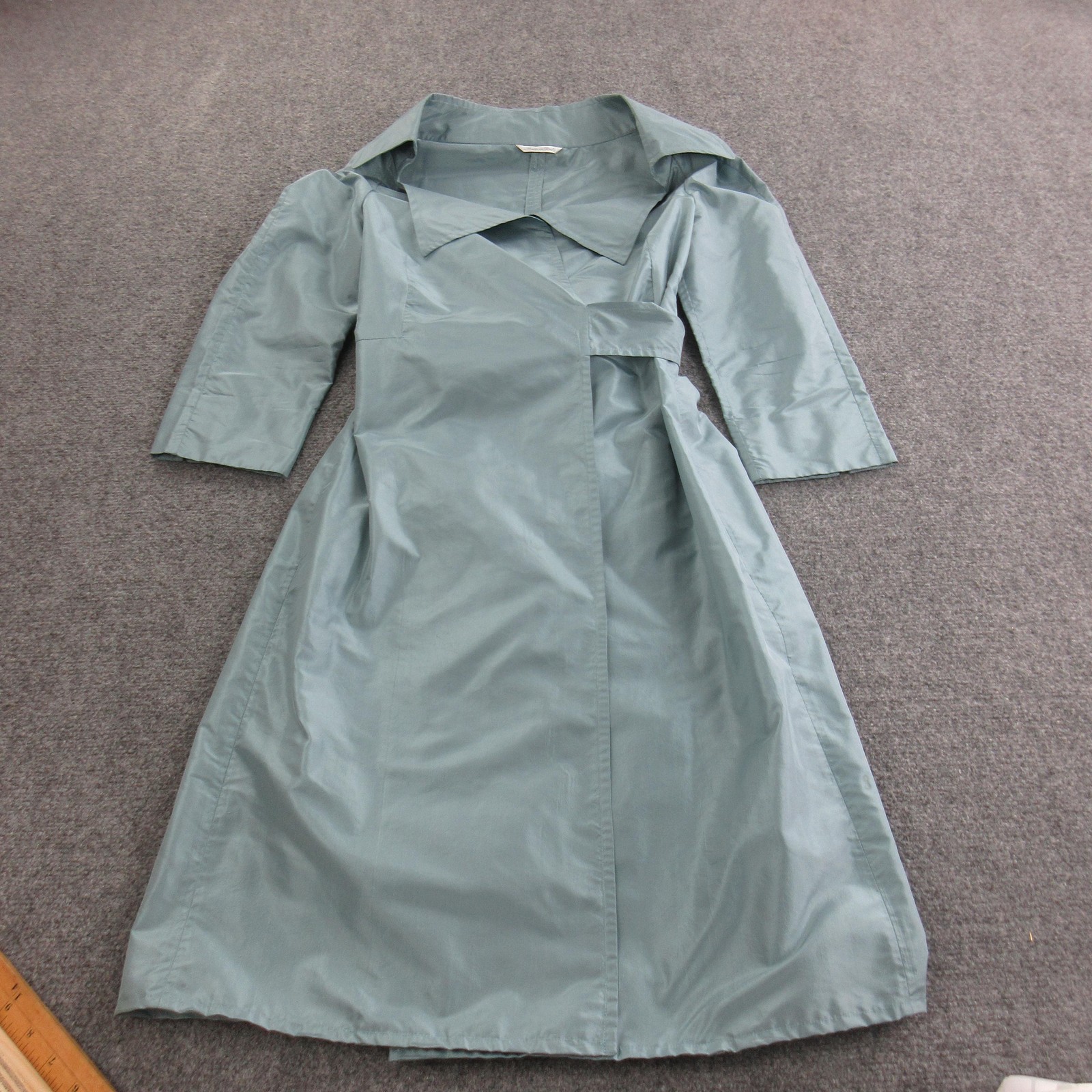 Max Mara Coat Womens 8 Green Silk Taffeta Trench Belted Tie 3/4 Sleeve Italy