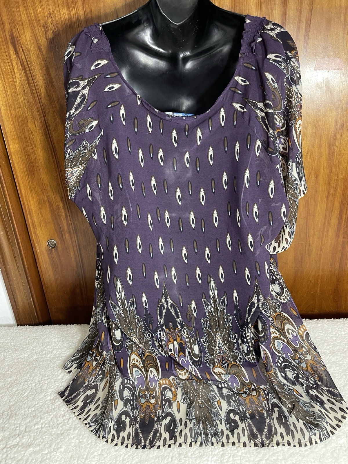 Saint Tropez West Purple Paisley Chiffon Sheer Ruffle Tunic Blouse 3X