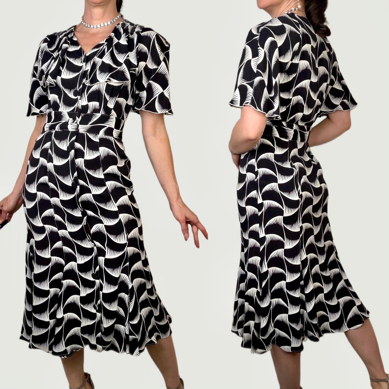 Sue Wong Geometric Fan Print Rayon Midi Dress Flutter Sleeve 80s does 40s XS