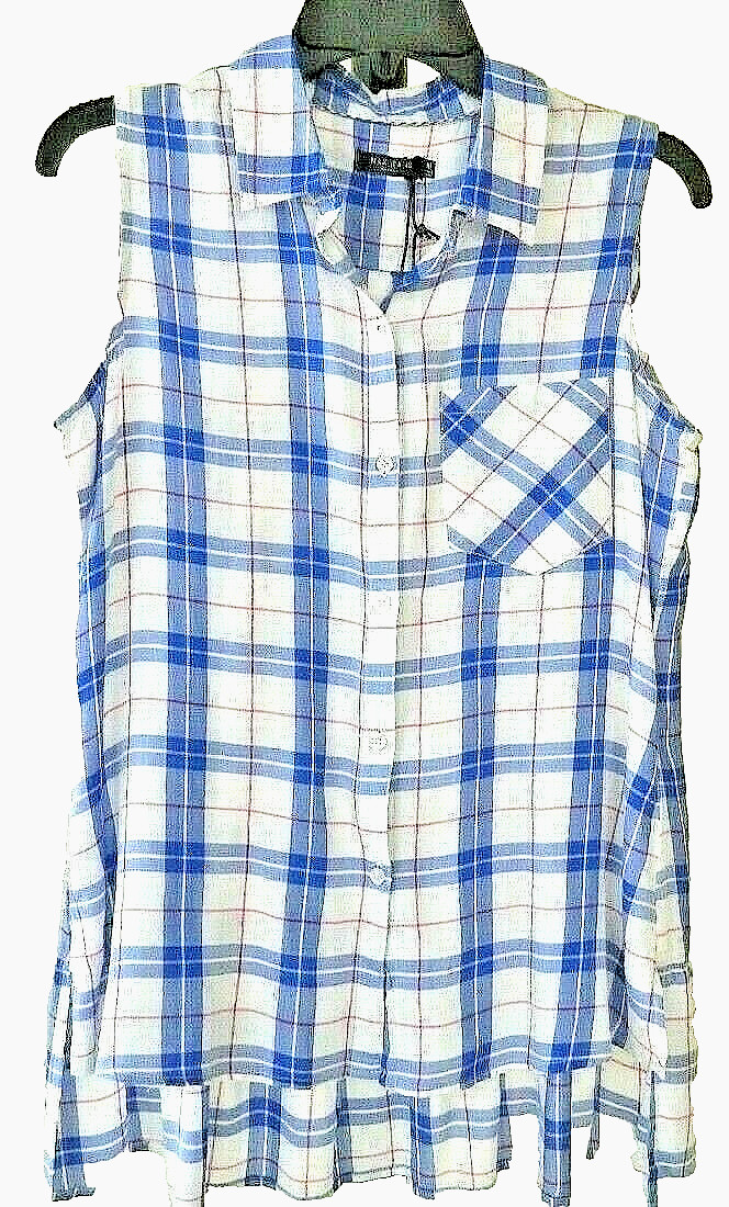 Max Jeans Women’s Size M Sleeveless Button-Down Plaid Shirt Hi-Lo Ruffle Hem NWT