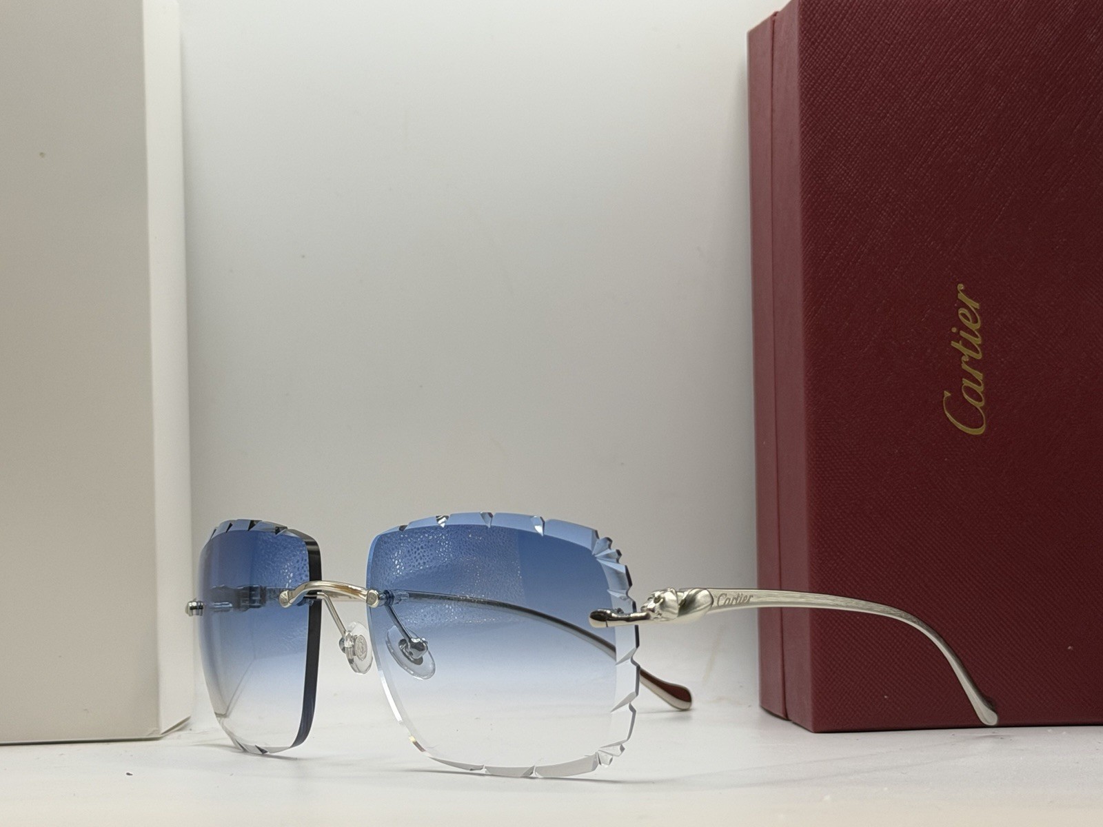 Cartier Panthere CT0061O 60mm Diamond Cut Gradient Blue Lens Silver Sunglasses
