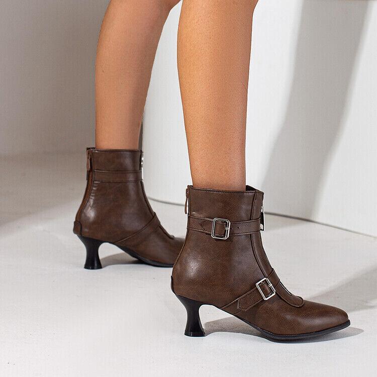 Belt Women’s Kitten Mid Heel Front Zipper Ankle Boots Shoes Cowgirl Denim Retro
