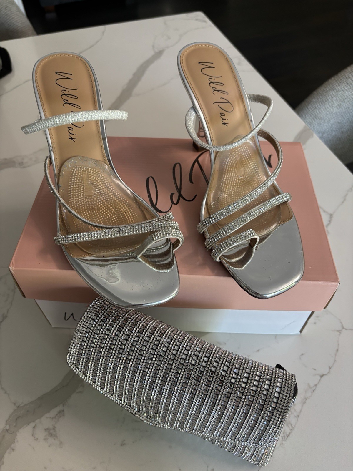 Wild Pair Silver Rhinestone Strappy Slip-On Open Toe Block Heel Sandals 7.5