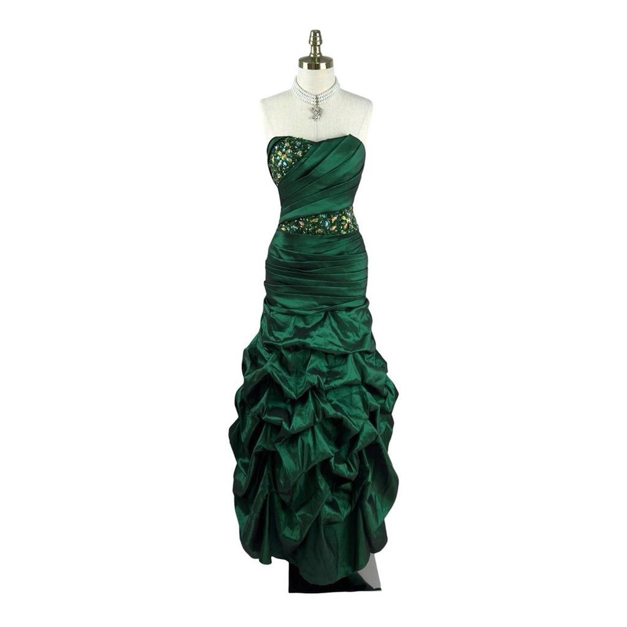 Vintage 90s Green Strapless Beaded Draped Taffeta Mermaid Evening Prom Gown 8