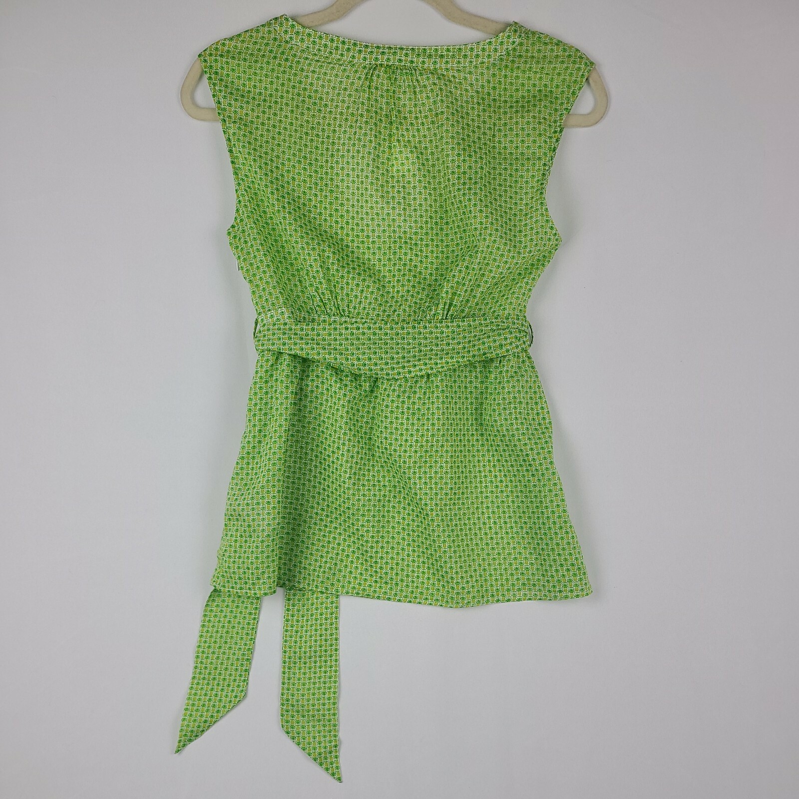 J CREW Ladies Sleeveless Blouse Size 0 Green Pineapple Empire Deep U Neck NWT!