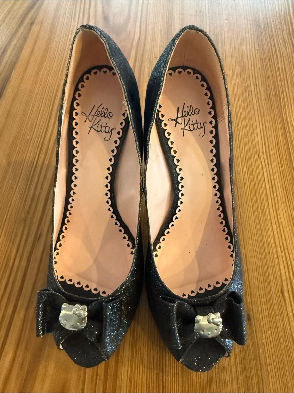 Hello Kitty Black Glitter 4 inch Peep Toe Heels with Bow and Silver Charm