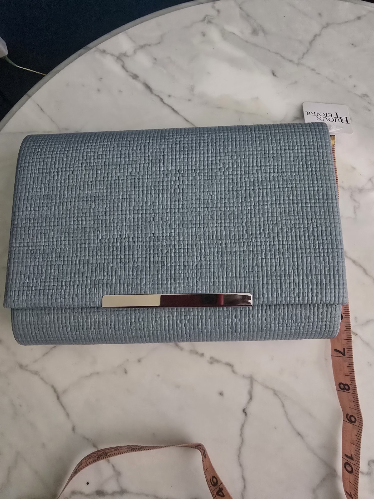 Bijoux Terner Blue Solid Rectangle Clutch Detachable Silver Chain, Magnetic