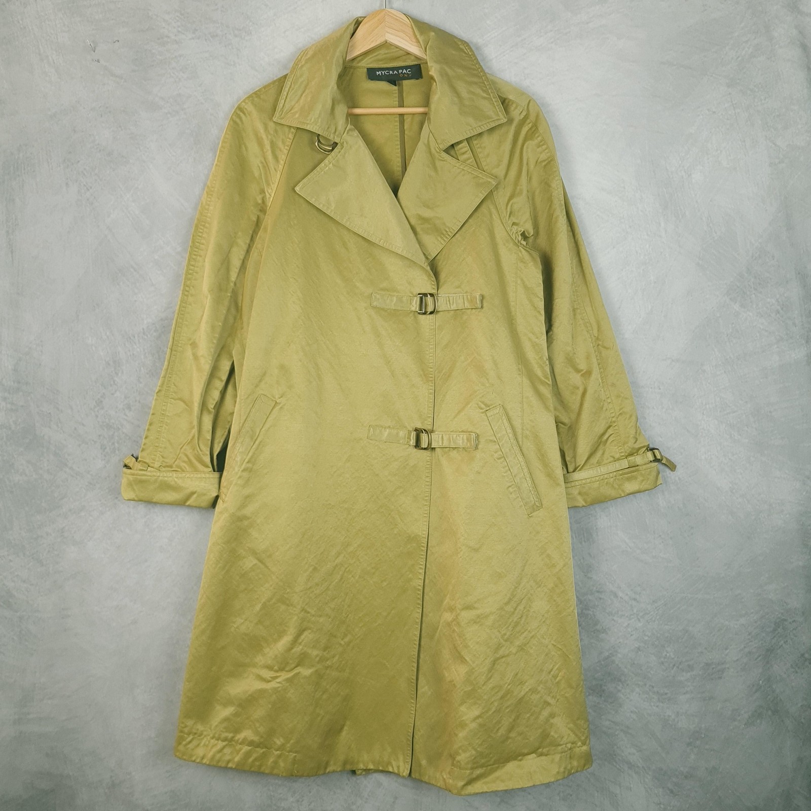 Mycra Pac Coat Womens P 6-8 Green Twill Buckle Trench Lightweight Belted